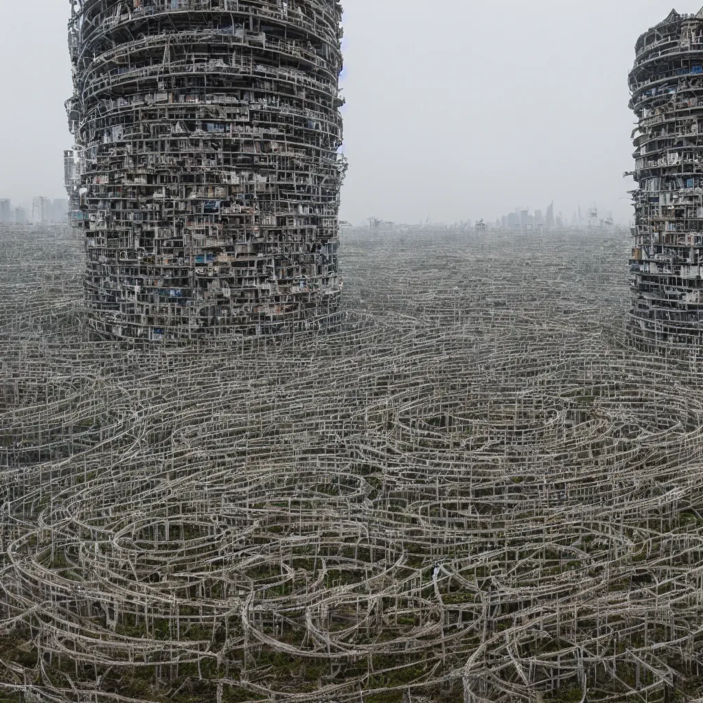 Image similar to a circular tower, made up of makeshift squatter shacks, dystopia, sony a 7 r 3, f 1 1, fully frontal view, photographed by andreas gursky