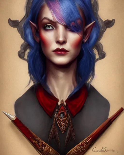 Prompt: A detailed matte oil on canvas head on symmetrical portrait of a distinguished elven woman with side split red and blue hair (((((makeup))))) by Charlie bowater and lise deharme wlop, trending on artstationhd, dungeons and dragons art critical role
