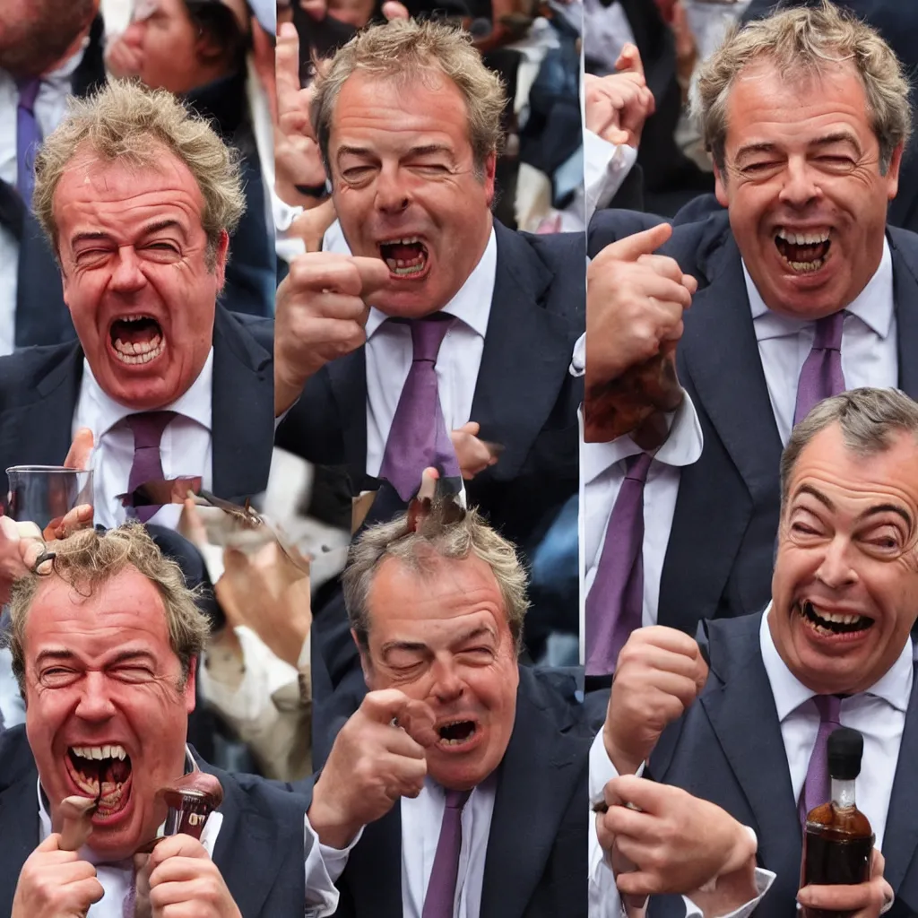 Prompt: jeremy clarkson shouting angry, nigel farage shouting angry, boris johnson shouting angry, all fighting over hot dogs