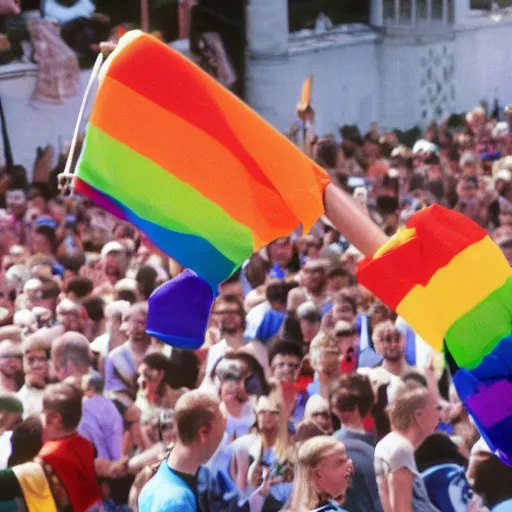 Image similar to putin in a pride parade lifted by large hairy men, film still, photography, high detail, 8 k, 4 k, focused