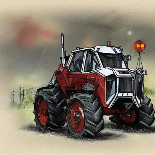 Prompt: Old tractor, Battletech mech art, digital painting, white background