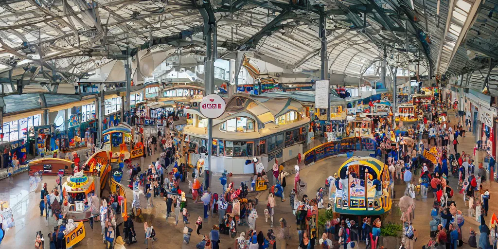 Prompt: overhead shot of inside a teddy bear train station, professional photography,