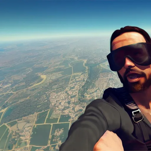 Prompt: jesus taking a selfie while skydiving, gta artstyle, wide shot, dramatic lighting, octane render, hyperrealistic, high quality, highly detailed, HD, beautiful, cinematic, 8k, unreal engine, facial accuracy, symmetrical