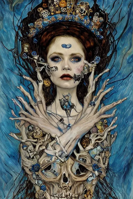 Prompt: The Princess of Bones by Karol Bak, Jean Deville, Gustav Klimt, and Vincent Van Gogh, portrait of a porcelain princess wearing a crown, porcelain ball-joint doll face with blue painted tattoos, pale blue eyes, mystic eye, otherworldly, crown made of bones, ornate jeweled crown, skulls, fractal structures, arcane, inscribed runes, infernal relics, ornate gilded medieval icon, third eye, spirals