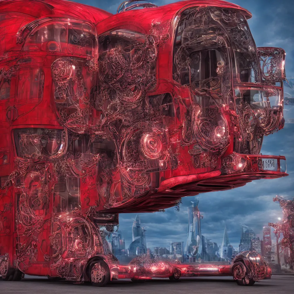 Image similar to mythical red organic biomechanical london bus. futuristic. blue blurry background. highly detailed, intricate steampunk ornate, poetic, 3 d render, digital art, octane render, 8 k artistic photography, photorealistic.