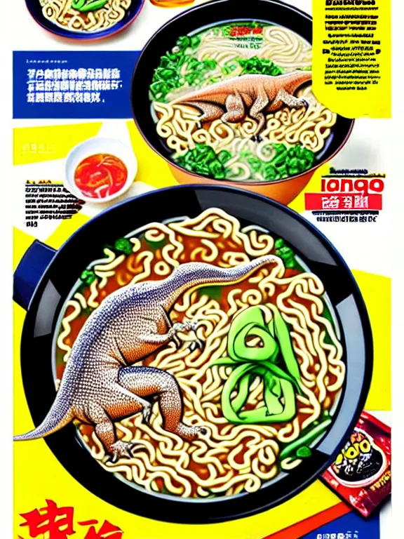 Image similar to magazine ad for dinosaur - flavored ramen, hq scan