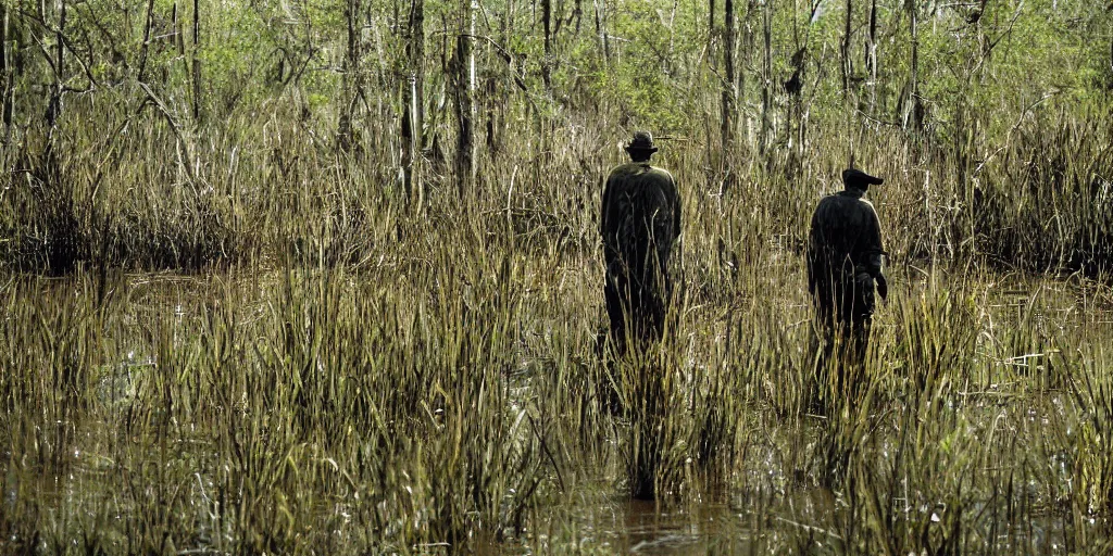 Prompt: National Geographic photograph of a swampy wetlands. Man walking through the swamp. Realistic.