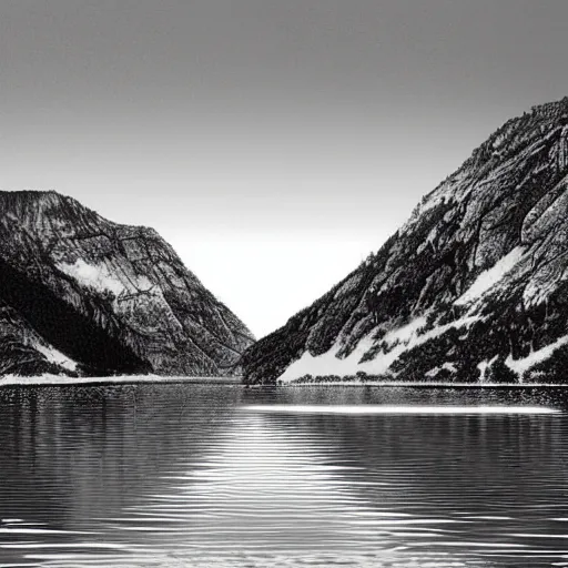 Image similar to lago di sorapis, hyper - realistic black and white drawing, hyper detailed