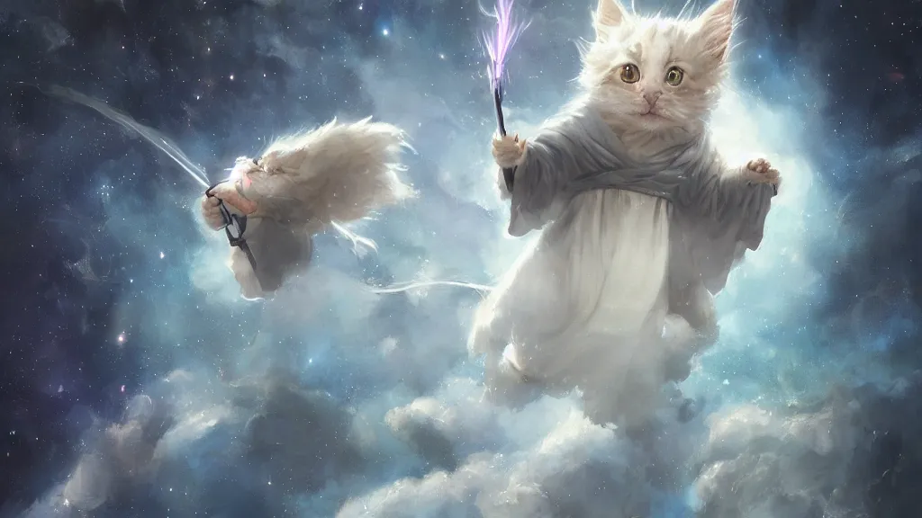 Image similar to a single cartoonish kitten dressed as Gandalf floating in space, bright stars, anime, a fantasy digital painting by Greg Rutkowski and James Gurney, trending on Artstation, highly detailed