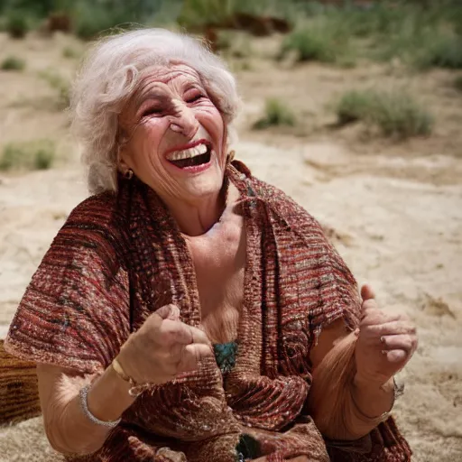 Prompt: dramatic film still of 80 year old Mediterranean skinned woman in ancient Canaanite clothing laughing, embarrassed, surprised, ancient interior tent background, Biblical epic directed by Steven Spielberg