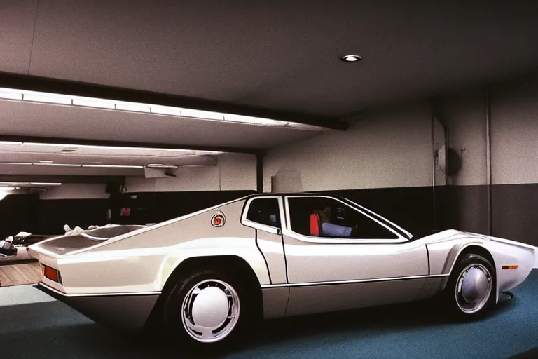 Image similar to stylized poser designed by Syd Mead of a single 1978 Maserati Alfa Romeo Montreal, inside of a minimalist Tokyo garage, ektachrome photograph, volumetric lighting, f8 aperture, cinematic Eastman 5384 film