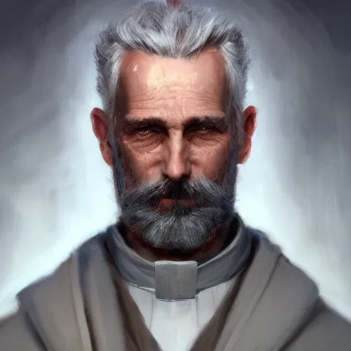 Prompt: An oil painting of a man dressed in priest robes, 50 years old, short grey hair, trimmed beard, sharp facial features, beautiful, highly detailed, by Cédric Peyravernay, trending on artstation