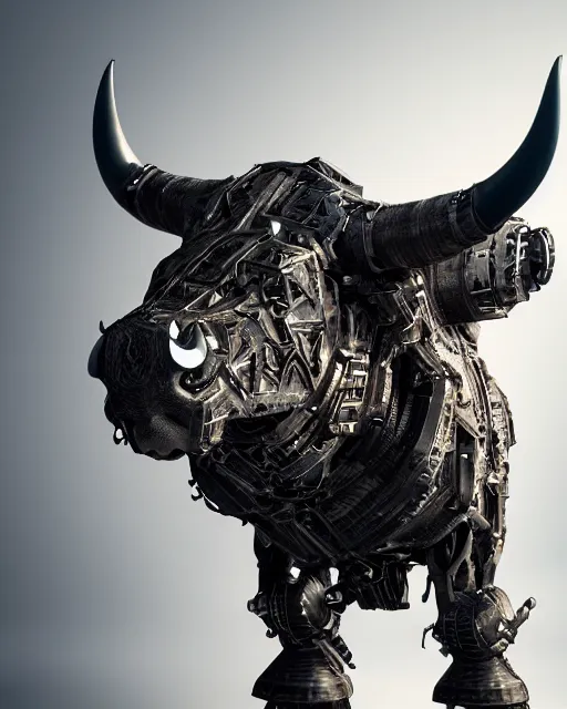 Image similar to a full body shot of a cyborg ( bull ) modeled after a bull looking into the camera, android, cyborg, full body shot, intricate, 3 d, hyper realism, fantasy, depth of field, octane render, symmetrical, highly detailed, digital art, artstation, concept art, cinematic lighting, trending