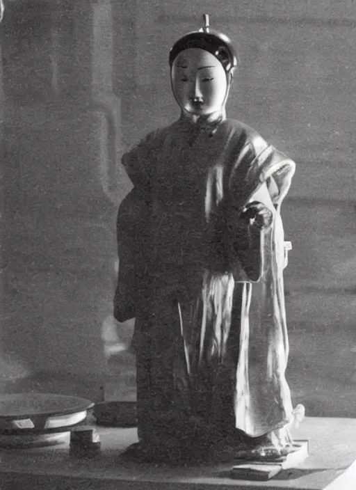 Image similar to old vintage photo of powerful Chinese ancient sentiel standing in the ancient temple during ritual big space suit helmet in front of her on the table, symmetrical face, big eyes and lips, looking at camera, subtle makeup, clean face and body skin,ecstatic expression,volumetric lights,depth of field, lens flares, dust in the air, moody lighting, intricate, elegant, highly detailed, centered, smooth, sharp focus, Donato Giancola, Joseph Christian Leyendecker, WLOP, Boris Vallejo, Artgerm moody photography, old photo, black and white, sepia, cinematic lighting, cinematic angle, national geographic