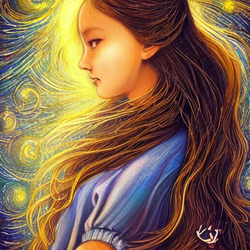 Image similar to A beautiful illustration of a woman with long flowing hair, wild animals, and a dark, starry night sky. Wanda Gág by Lilia Alvarado ornate