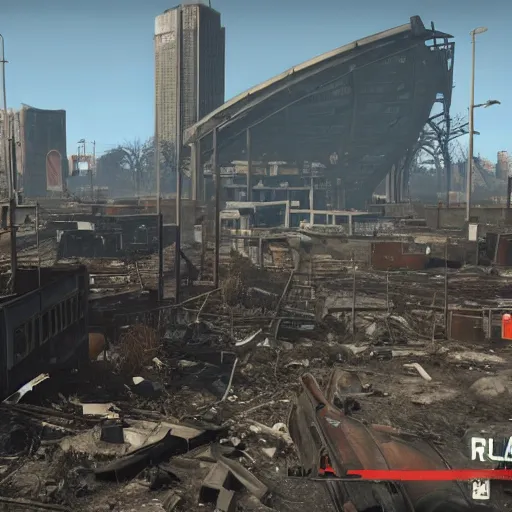 Prompt: Rotterdam Centraal Station in ruins post-nuclear war in Fallout 4, in game screenshot