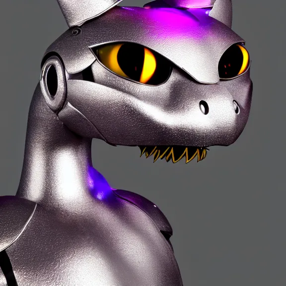 Image similar to high quality close up headshot of a cute beautiful stunning robot anthropomorphic female dragon with metal cat ears, with sleek silver metal armor, purple flesh, glowing LED eyes, facing the camera, high quality maw open and about to eat you, you being dragon food, the open maw being detailed and soft, sharp teeth, soft lulling tongue, highly detailed digital art, furry art, anthro art, sci fi, warframe art, destiny art, high quality, 3D realistic, dragon mawshot, maw art, furry mawshot, macro art, dragon art, Furaffinity, Deviantart