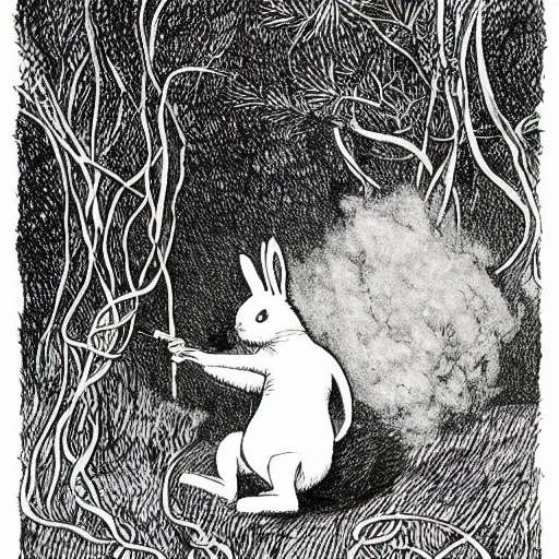 Prompt: a pen and ink drawing of a white rabbit smoking a cigarette while reclining in a deep dark tangled forest, a lingering smoke cloud, childrens book illustration, by edward gorey, by gustav dore