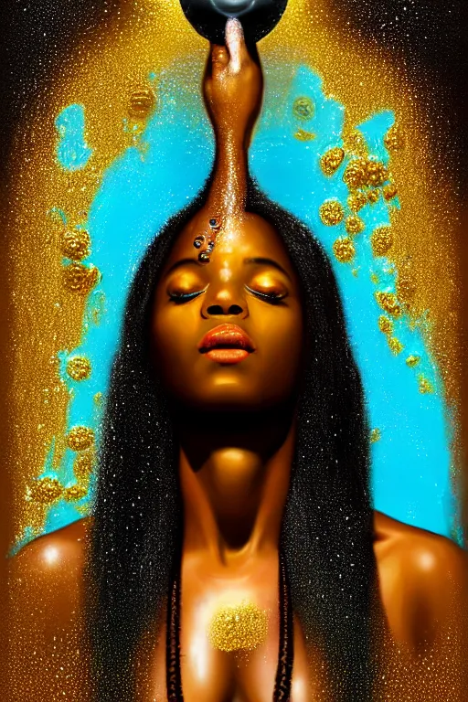 Prompt: hyperrealistic post - futurist cinematic profile very expressive! black oshun goddess, in water! up to shoulders, mirror dripping droplet!, gold flowers, highly detailed face, digital art masterpiece, smooth eric zener cam de leon, dramatic pearlescent turquoise light on one side, low angle uhd 8 k, shallow depth of field