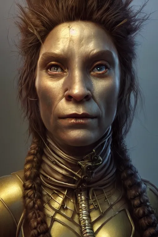 Image similar to realistic render portrait of a female troll rogue with intricate armor , intricate, dystopian toy, sci-fi, extremely detailed, digital painting, sculpted in zbrush, artstation, concept art, smooth, sharp focus, illustration, chiaroscuro lighting, golden ratio, incredible art by artgerm and greg rutkowski and alphonse mucha and simon stalenhag