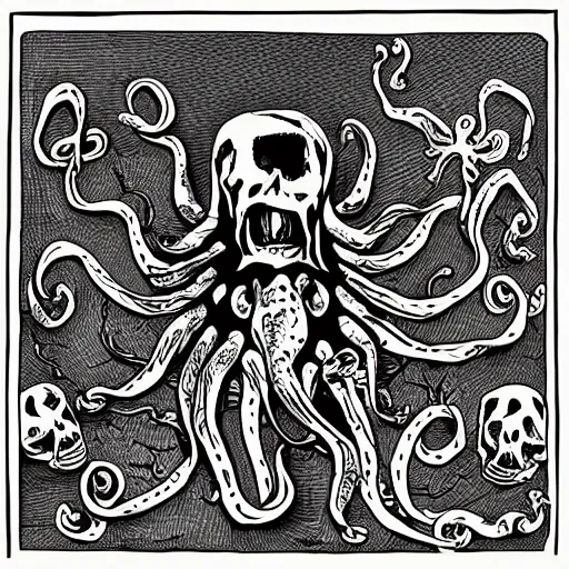 Prompt: a skeleton filled with octopuses, fantasy illustration