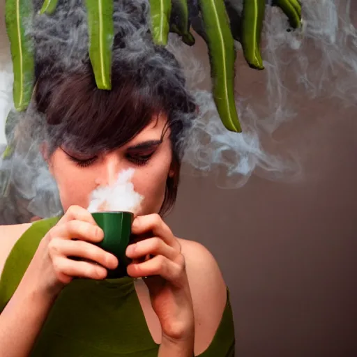 Image similar to spartan drinking tea with trichocereus background and smoke haze, photo