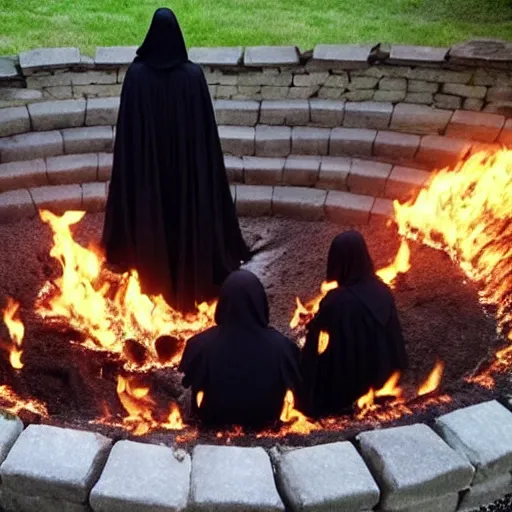 Image similar to a cult of black cloak wearing individuals summon a demonic kitten from the depths of a raging fire pit. Flames are emerging from fissures in the ground.