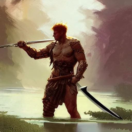 Prompt: a digital painting of a hand holding a sword emerging from a lake by james gurney, craig mullins and frank frazetta