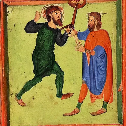 Prompt: a completely green man swinging a frying pan, medieval painting