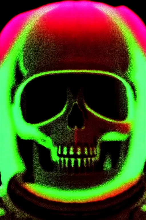 Image similar to astronaut with neon glowing skull 1 9 6 0 s color _ bleed _ video compression video glitch vhs footage akira kurosawa mamoru oshii wes anderson