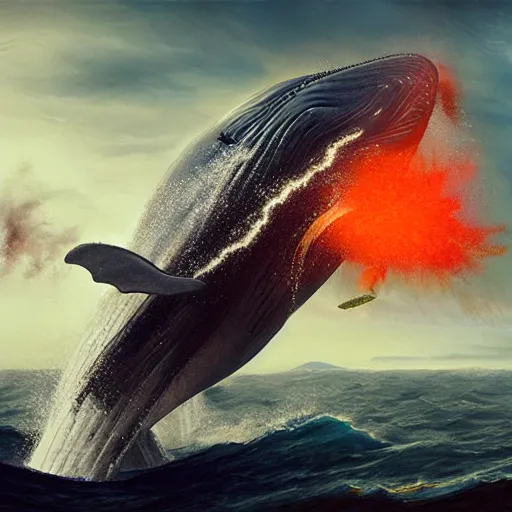 Prompt: a giant flying whale shooting fireballs from it's mouth, extreme detail, matte painting, trending, fine art