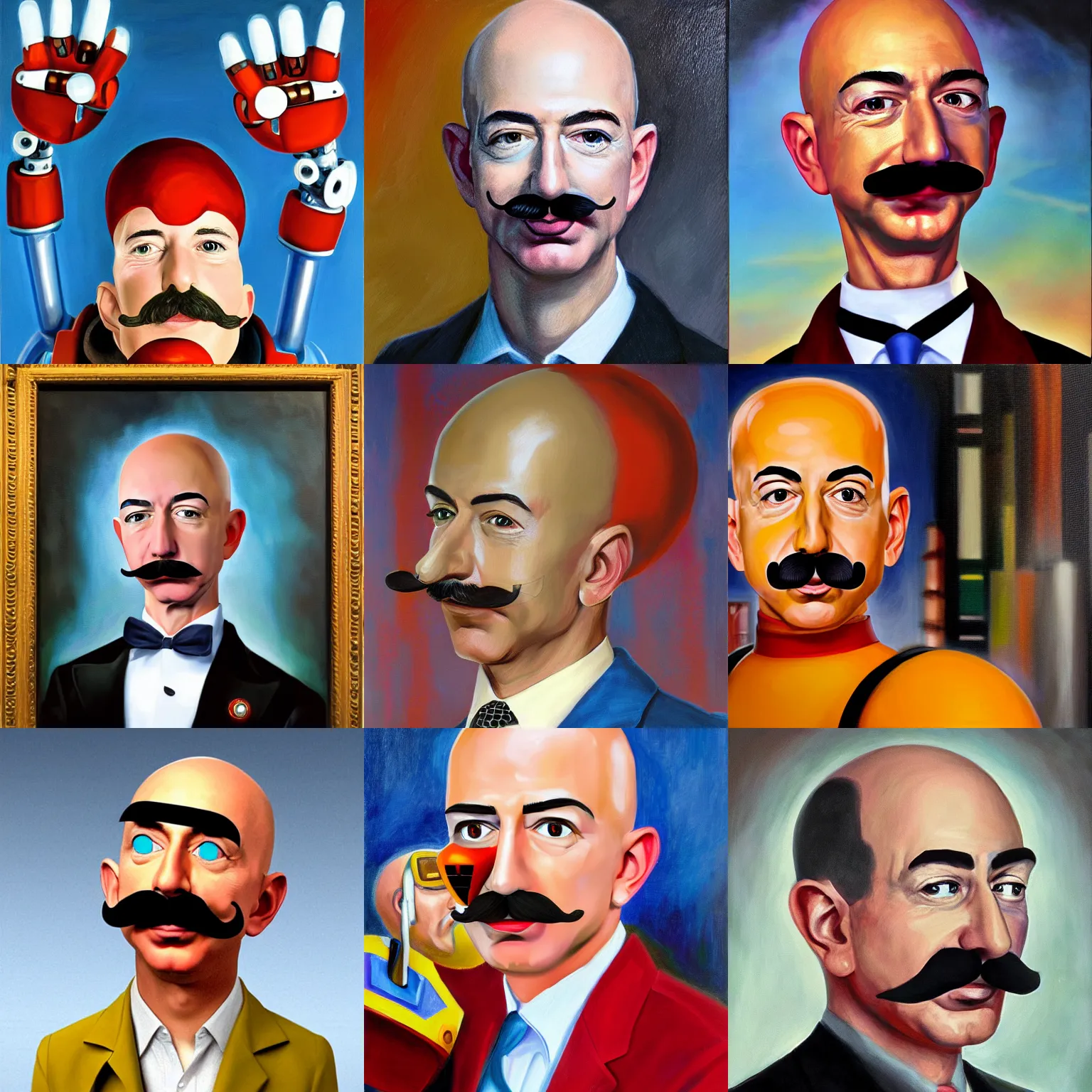 Prompt: portrait of jeff bezos with a moustache as doctor robotnik from sonic, realistic oil painting