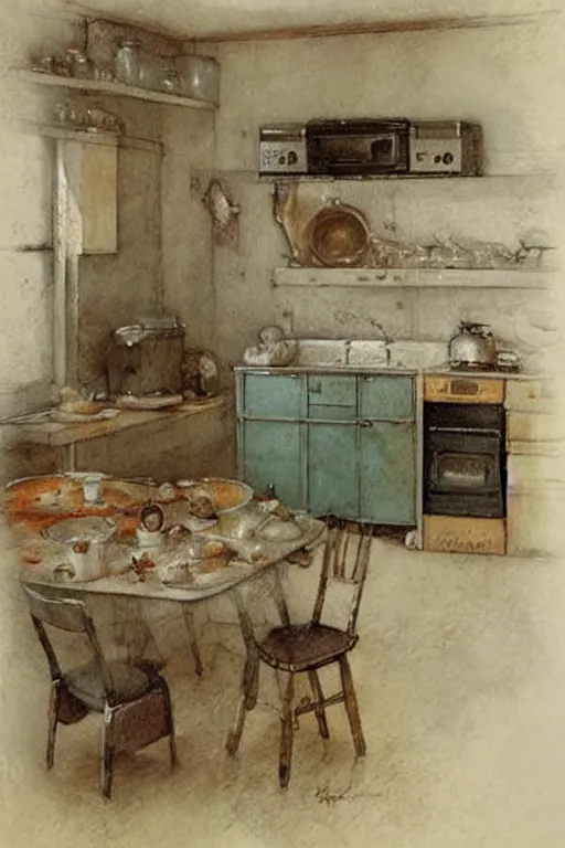 Prompt: ( ( ( ( ( 1 9 5 0 s kitchen. muted colors. ) ) ) ) ) by jean - baptiste monge!!!!!!!!!!!!!!!!!!!!!!!!!!!