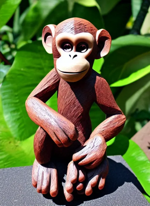 Image similar to cute monkey cartoon character, sculpted in very hard black wood, rock