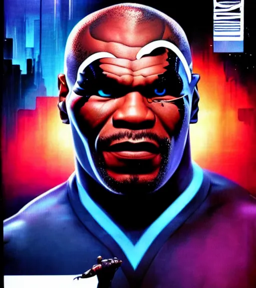 Image similar to a cyberpunk mike tyson, 1 9 7 9 omni magazine cover, style by vincent di fate, artgerm, very coherent, detailed, 4 k resolution, dark, unreal engine, daz