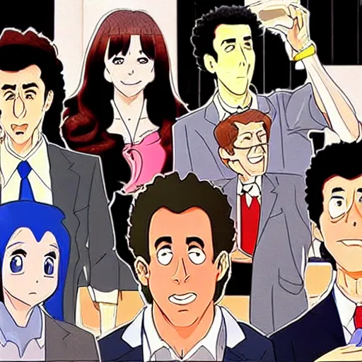 Image similar to Seinfeld tv show in anime art style, very detailed