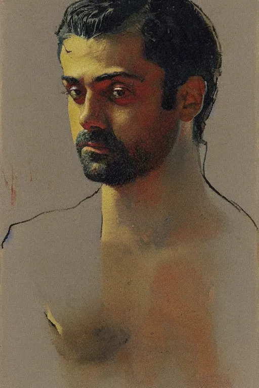 Prompt: body portrait of Oscar Isaac, colour painting by norman rockwell, odilon redon