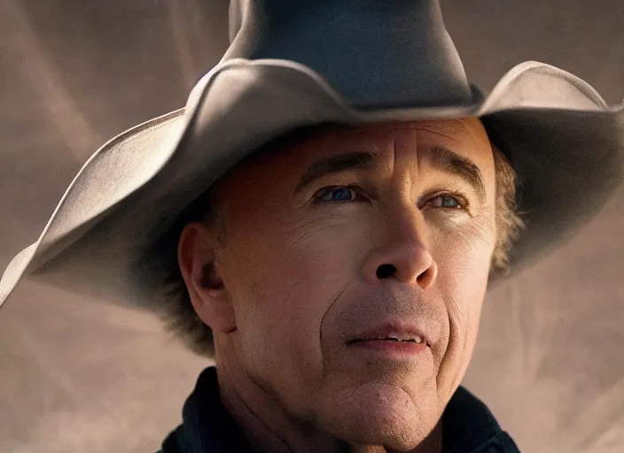 Prompt: film still of Clint Howard as Cooper with cowboy hat on in Interstellar, 4k