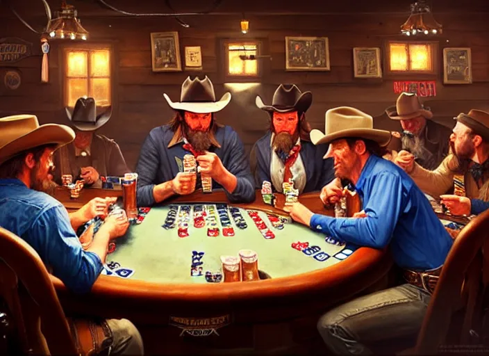 Image similar to cowboys playing poker in a saloon, by Mandy Jurgens, trending on artstation, Richard Schmid and norman rockwell