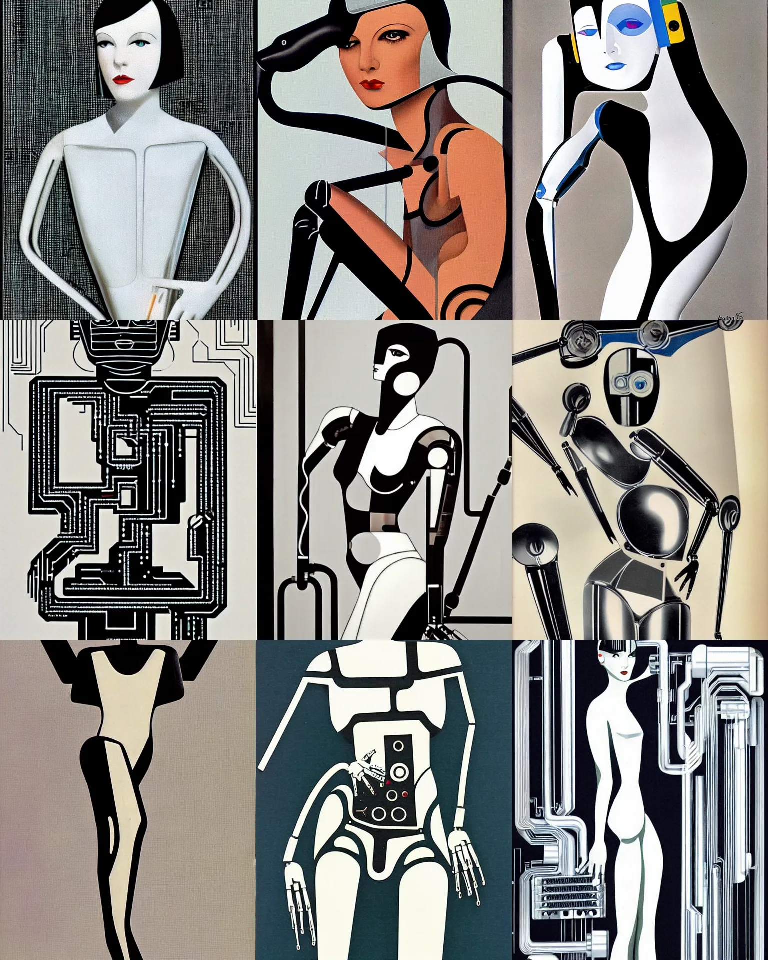 Prompt: mary louise brooks is half robot art deco style, chrome skin, robot arm, 1 9 8 0 s and 1 9 2 0 s airbrush, clean lines, futuristic, art deco circuit board, art deco motif