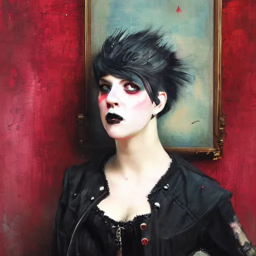 Image similar to Solomon Joseph Solomon and Richard Schmid and Jeremy Lipking victorian genre painting portrait painting of a young beautiful woman punk rock goth with punk rock haircut in fantasy costume, red background