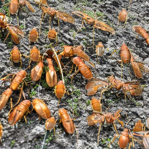 Prompt: a plastic fantastic lover is staying surrounded cicadas, biomass's bonfire's and then it disappeared