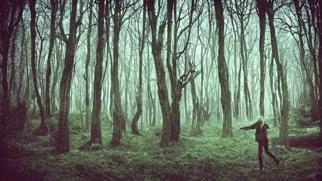 Image similar to “ a moog synthesizer with human legs walking through an enchanted forest ”