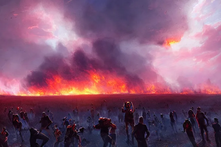 Image similar to meteors fall from the red sky upon a burning football stadium, crowds panic, cinematic lighting by jessica rossier