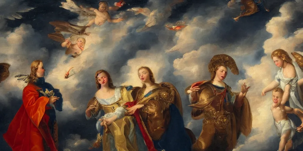 Prompt: painting of prince william, duke of cambridge with heavenly angels surrounding him with heavenly clouds in the background