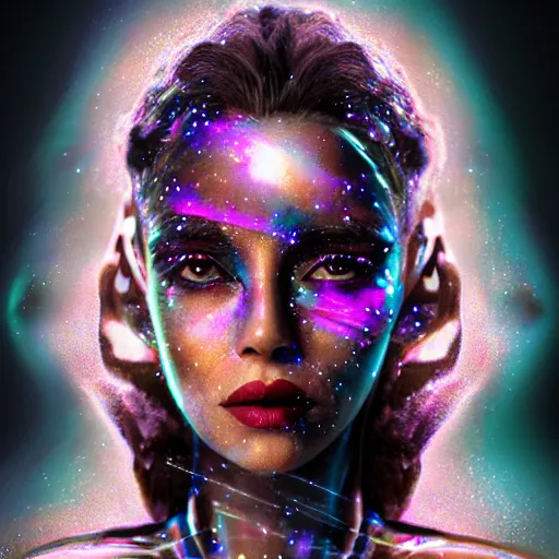 Image similar to woman portrait made out of galaxies, beautiful, cyborg, tim burton comic book art, realistic, highly detailed, octane render