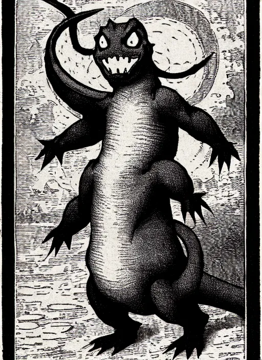 Image similar to charmander, as a demon from the dictionarre infernal, pen - and - ink illustration, etching by louis le breton, 1 8 6 9, 1 2 0 0 dpi scan, ultrasharp detail, hq scan, intricate details, stylized border