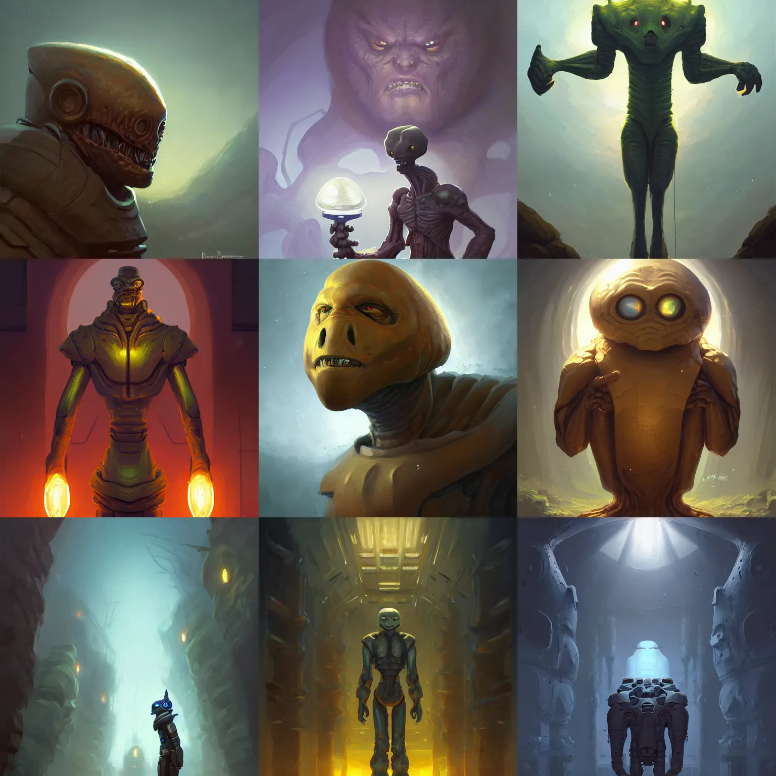 Prompt: portrait of nonhuman extraterrestrial lifeform, three quarter view, intelligent, dramatic lighting, painted by andreas rocha