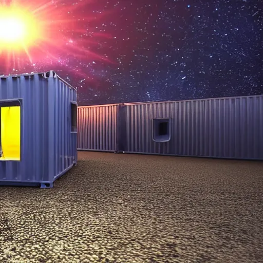 Prompt: a glowing nuclear microreactor inside a sci-fi container in the midground, background of a prawling Yemen refugee tent camp, afrofuturism, peaceful, serene