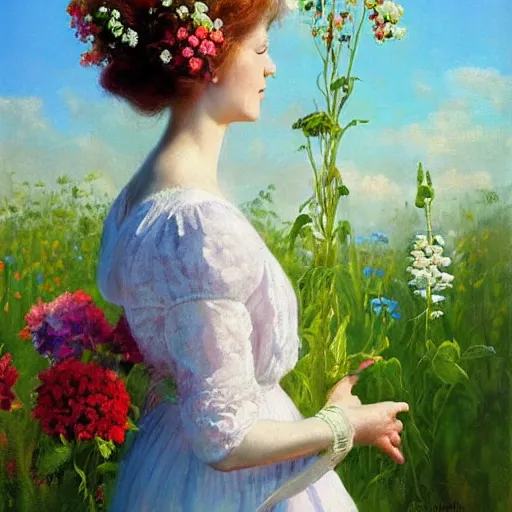 Image similar to a portrait of a romantic woman with flowers grow out of hair, roses peonies forget-me-nots dahlias lupins gladioli, sky theme in background, by Alexandr Averin, Digital Art, Trending on artstation